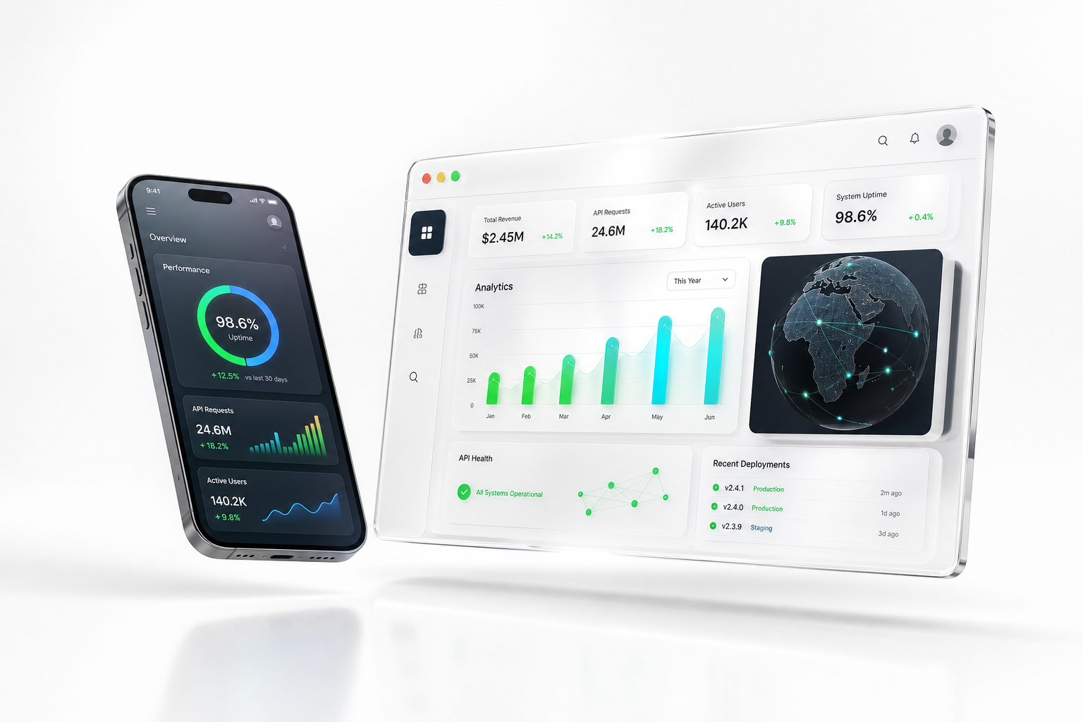 Floating 3D smartphone and web dashboard product interface